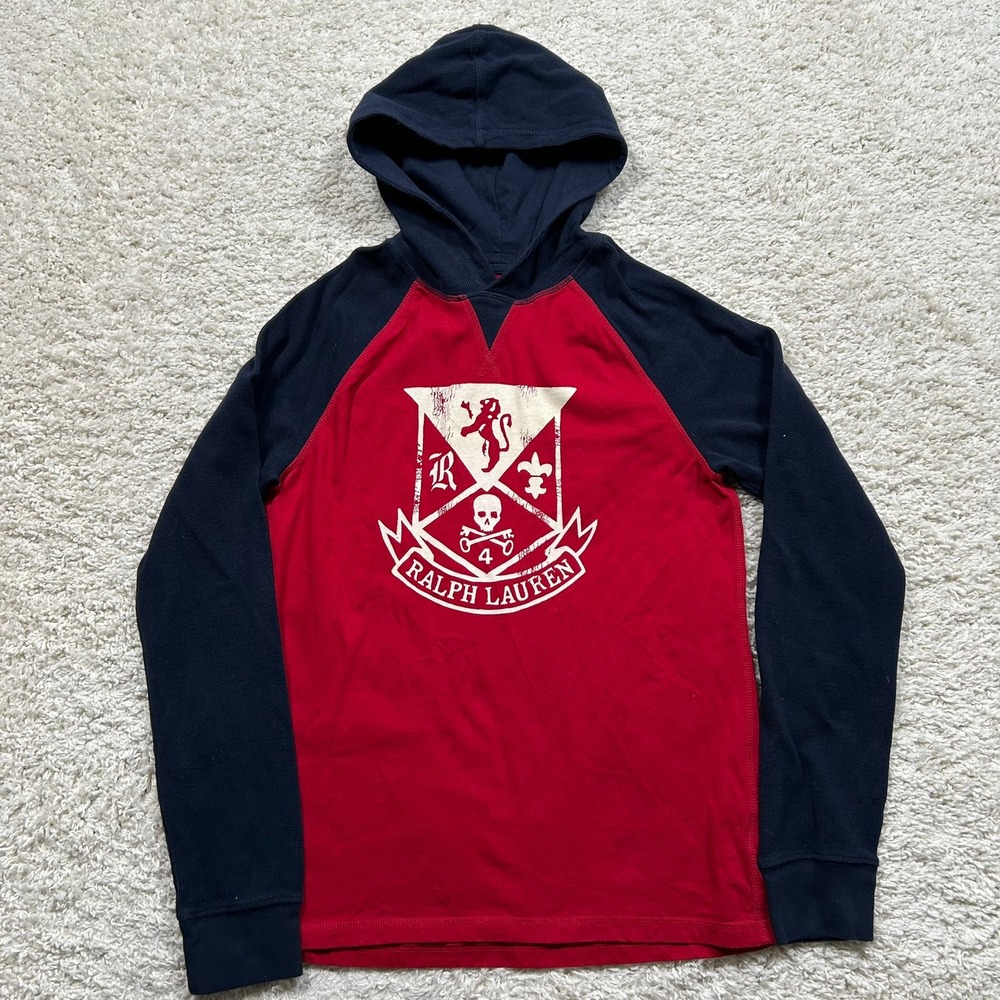 Polo Ralph Lauren Hoodie XL 18-20 Red Navy Blue Crest Skull Raglan Tee